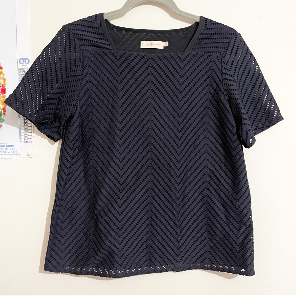 Tory Burch Navy Honeycomb Eyelet Short Sleeve Top Size Small